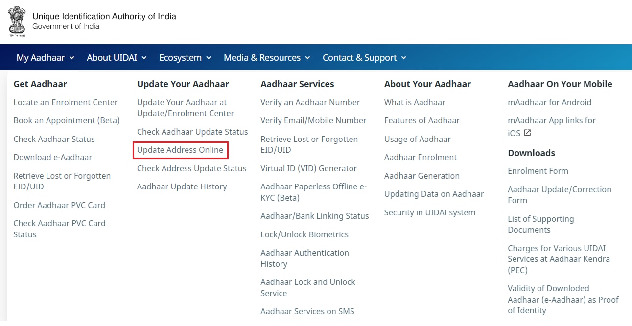 UIDAI Aadhaar card update portal