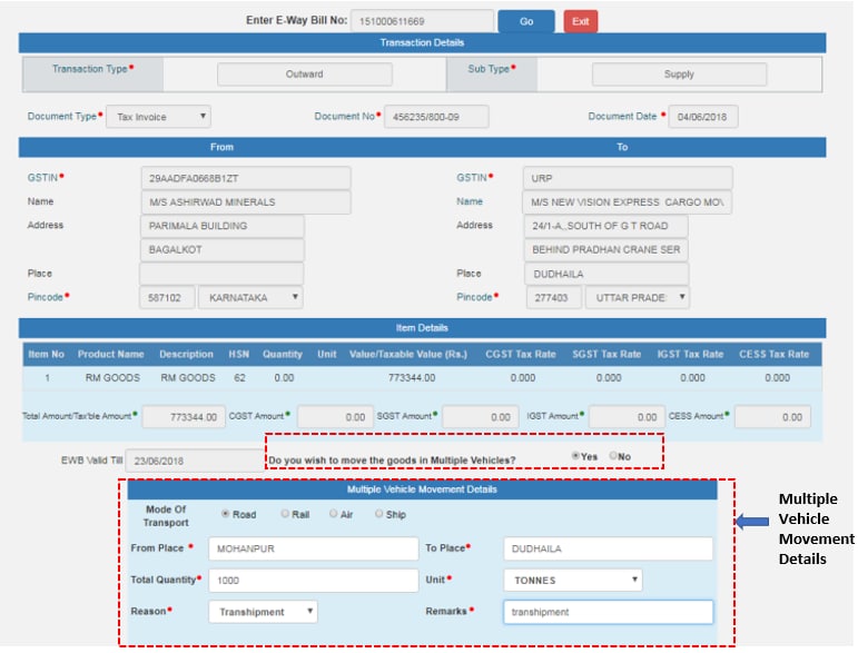 E Way Bill for Multiple Vehicle Checklist