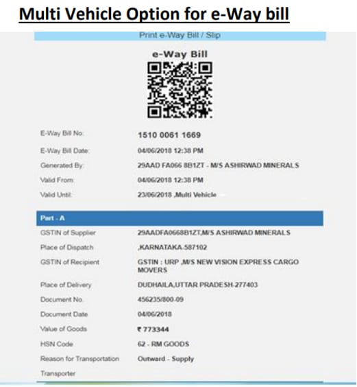 Details of Part-A of Eway Bill for Multiple Vehicles
