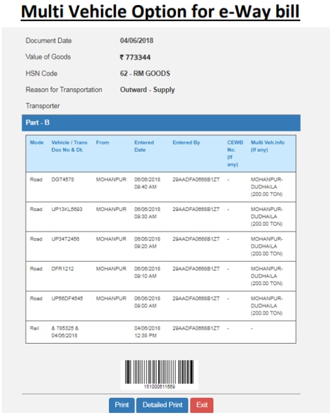 Details of Part-B of Eway Bill for Multiple Vehicles