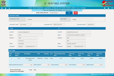 Form for Extension for E-way Bill