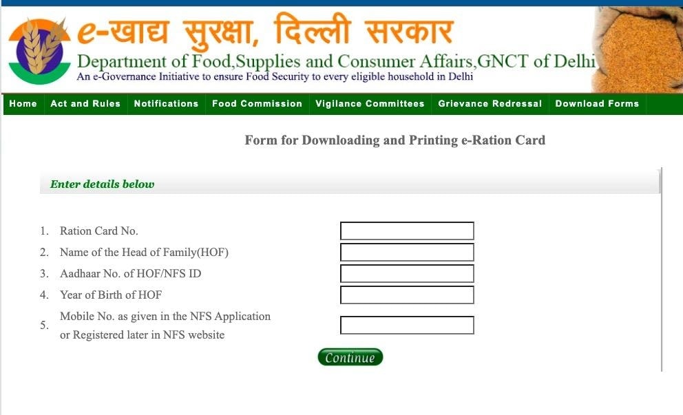 Ration card form download